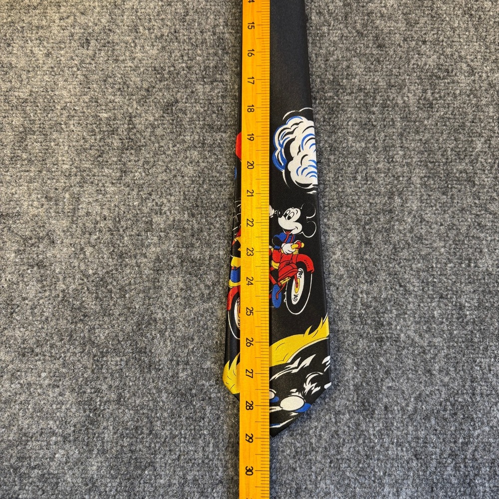 Vintage 90s Mickey Goofy Mickey Mouse Motorcycle Balloon Black Polyester Tie - Picture 7 of 8